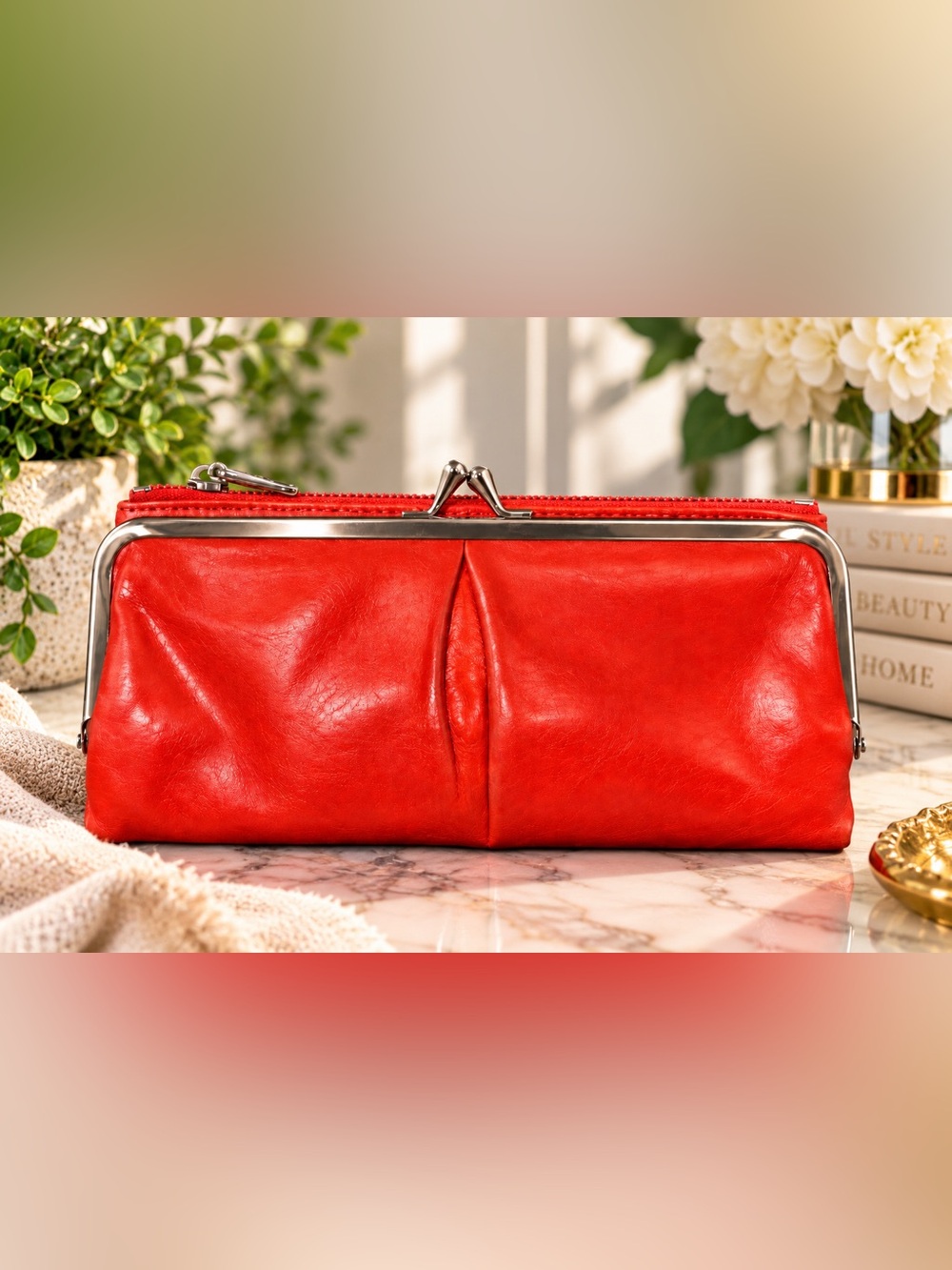 HOBO Red/Orange Leather Kiss-Lock Clutch Wallet #2001